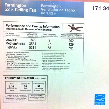 ceiling fan energy efficiency label 92 cfm per watt