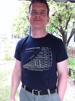 Henry Gifford wearing a psychrometric chart T-shirt